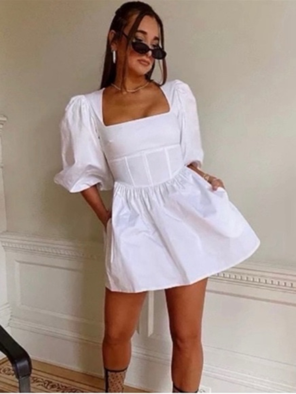 DANIELLE BERNSTEIN White Square-Neck Puff Sleeve Mini Dress